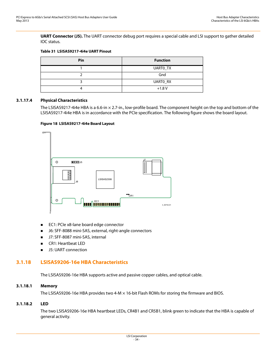 4 physical characteristics, 18 lsisas9206-16e hba characteristics, 1 memory | 2 led, Lsisas9206-16e hba characteristics | Avago Technologies SAS 9200-8e Host Bus Adapter User Manual | Page 34 / 39