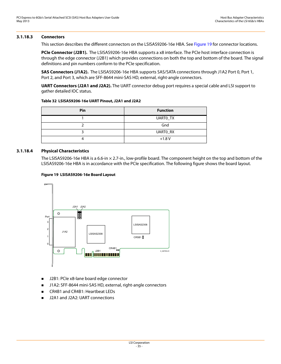 3 connectors, 4 physical characteristics | Avago Technologies SAS 9200-8e Host Bus Adapter User Manual | Page 35 / 39