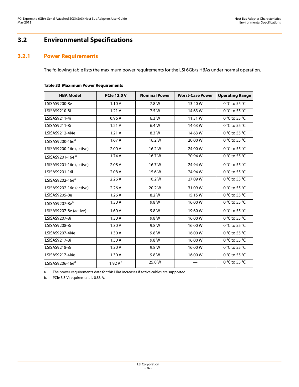 2 environmental specifications, 1 power requirements, Maximum power requirements | Maximum power, Requirements | Avago Technologies SAS 9200-8e Host Bus Adapter User Manual | Page 36 / 39