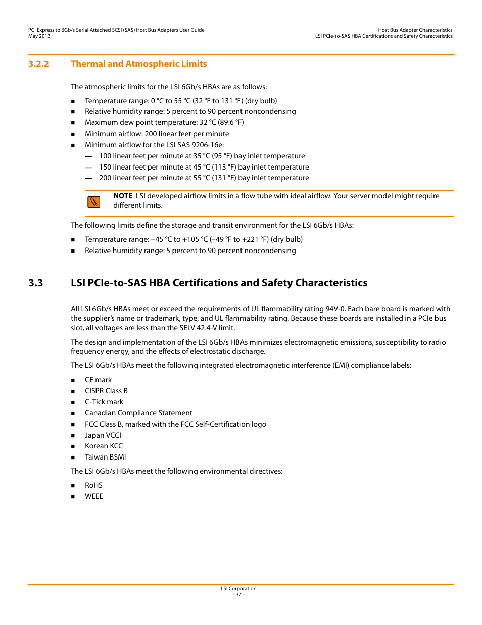 2 thermal and atmospheric limits, Thermal and atmospheric limits | Avago Technologies SAS 9200-8e Host Bus Adapter User Manual | Page 37 / 39