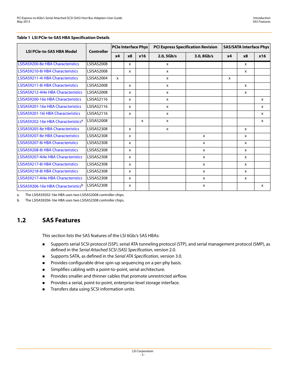 2 sas features | Avago Technologies SAS 9200-8e Host Bus Adapter User Manual | Page 5 / 39