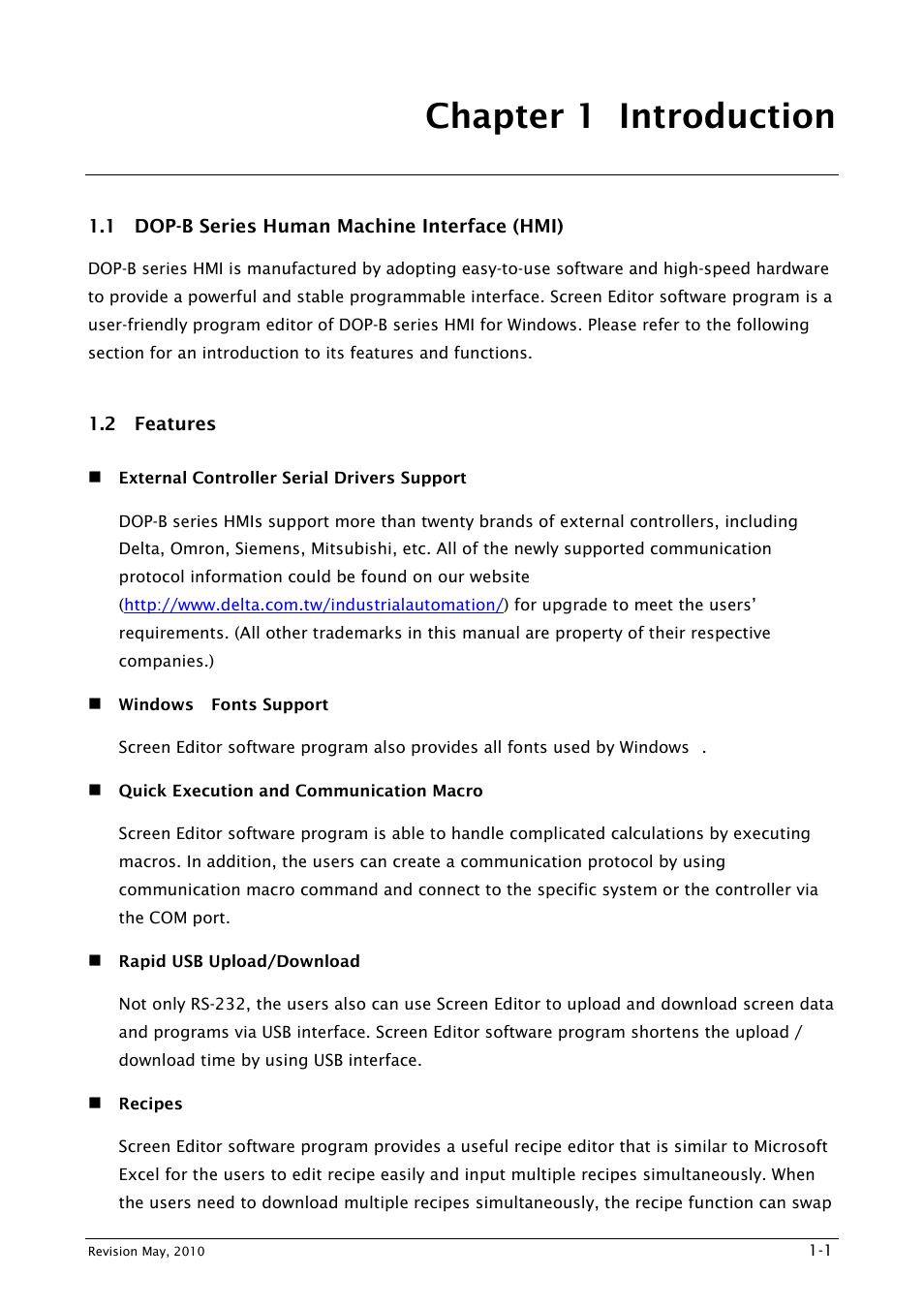 Chapter 1 introduction, 1 dop-b series human machine interface (hmi), 2 features | Delta Electronics DELTA DUP-B User Manual | Page 16 / 491