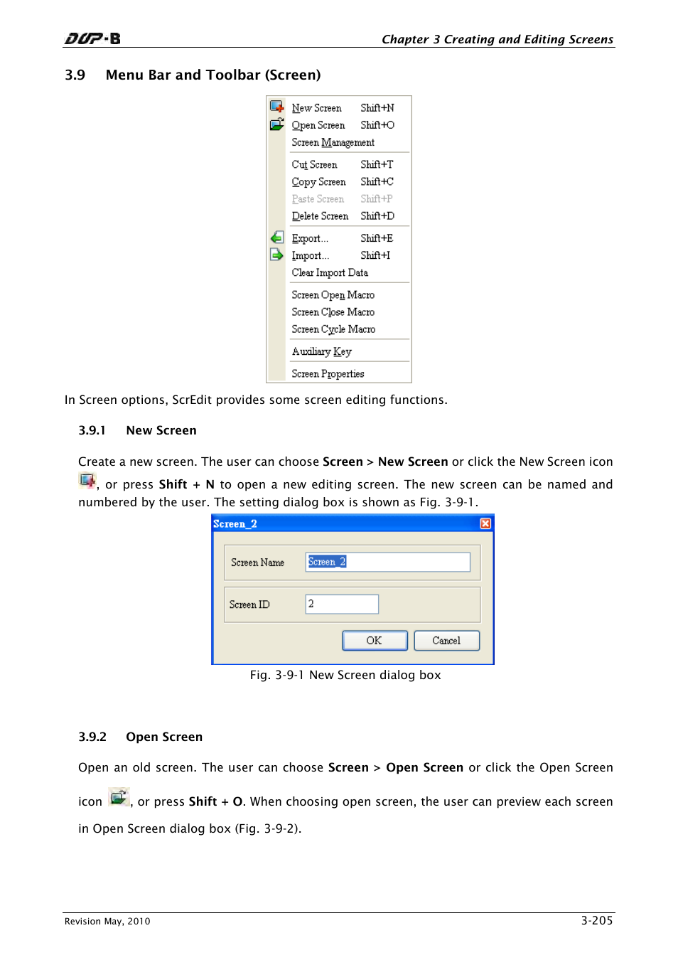 9 menu bar and toolbar (screen), 1 new screen, 2 open screen | Delta Electronics DELTA DUP-B User Manual | Page 226 / 491