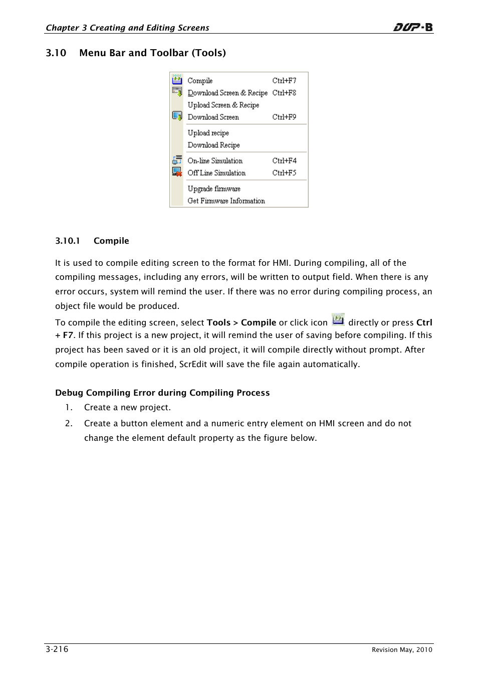 10 menu bar and toolbar (tools), 1 compile | Delta Electronics DELTA DUP-B User Manual | Page 237 / 491