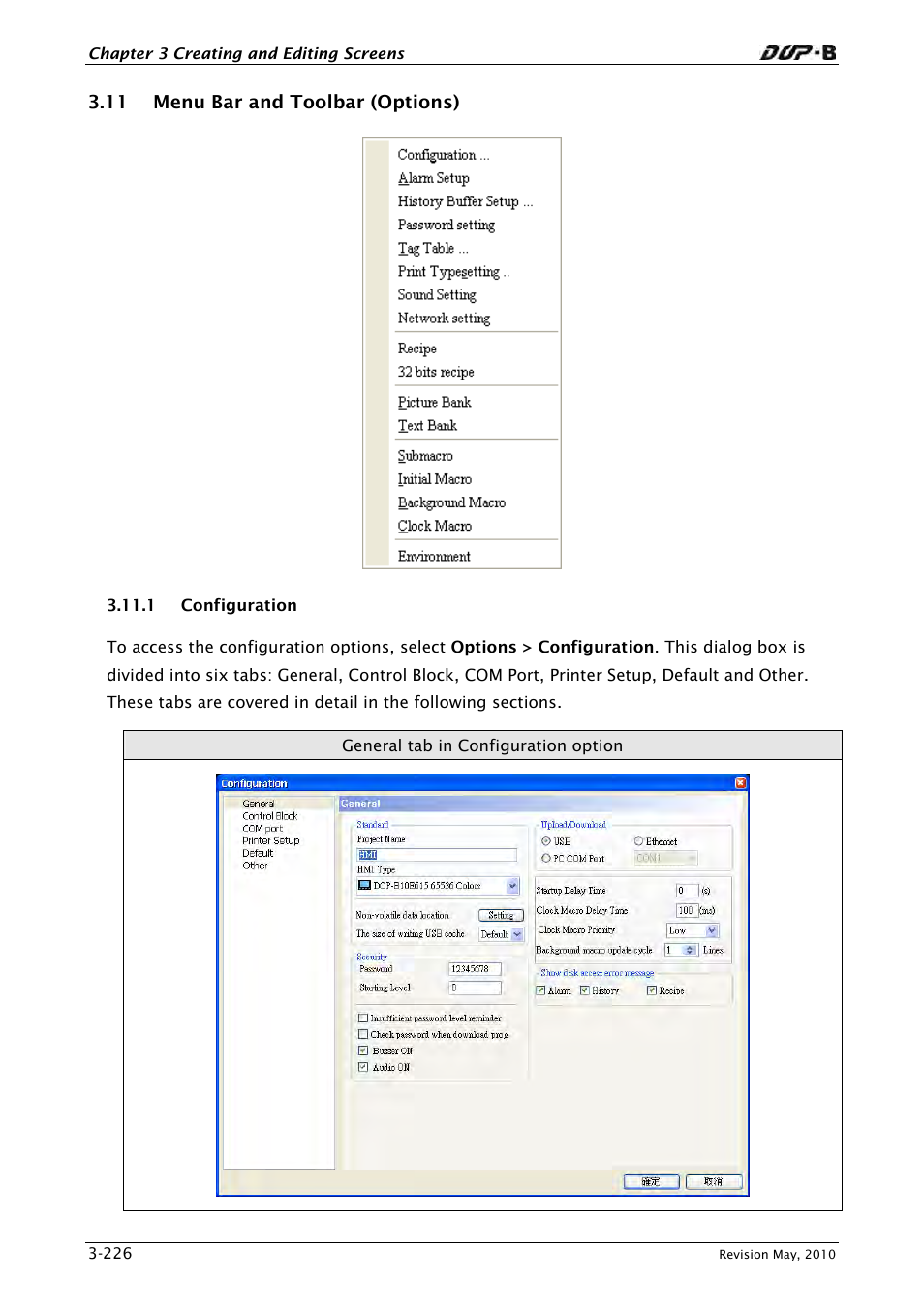 11 menu bar and toolbar (options), 1 configuration | Delta Electronics DELTA DUP-B User Manual | Page 247 / 491