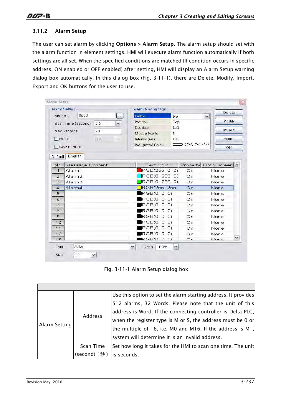 2 alarm setup, Alarm setup dialog box | Delta Electronics DELTA DUP-B User Manual | Page 258 / 491