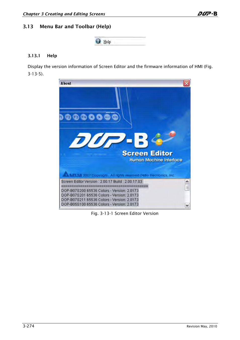 13 menu bar and toolbar (help), 1 help | Delta Electronics DELTA DUP-B User Manual | Page 295 / 491
