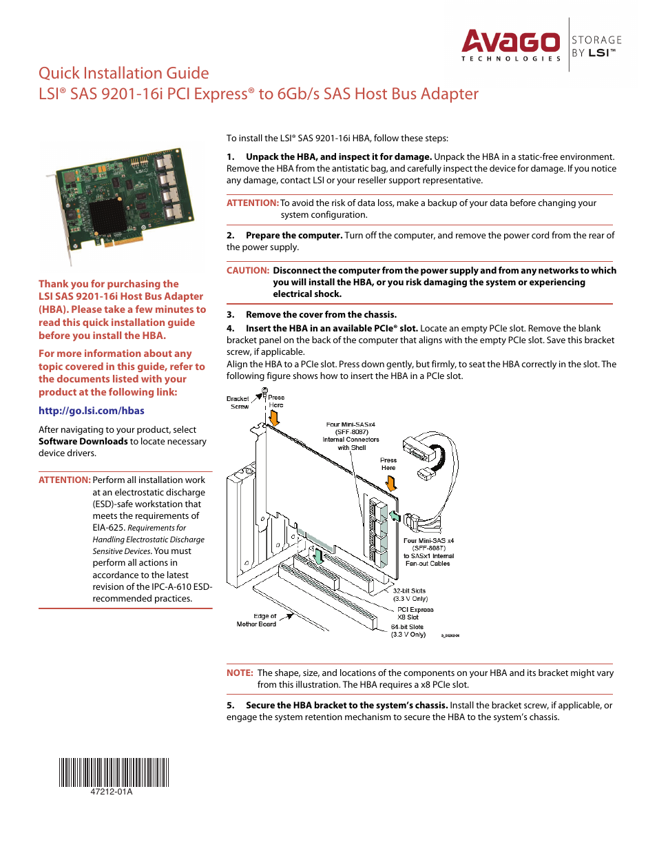 Avago Technologies SAS 9201-16i Host Bus Adapter User Manual | 2 pages