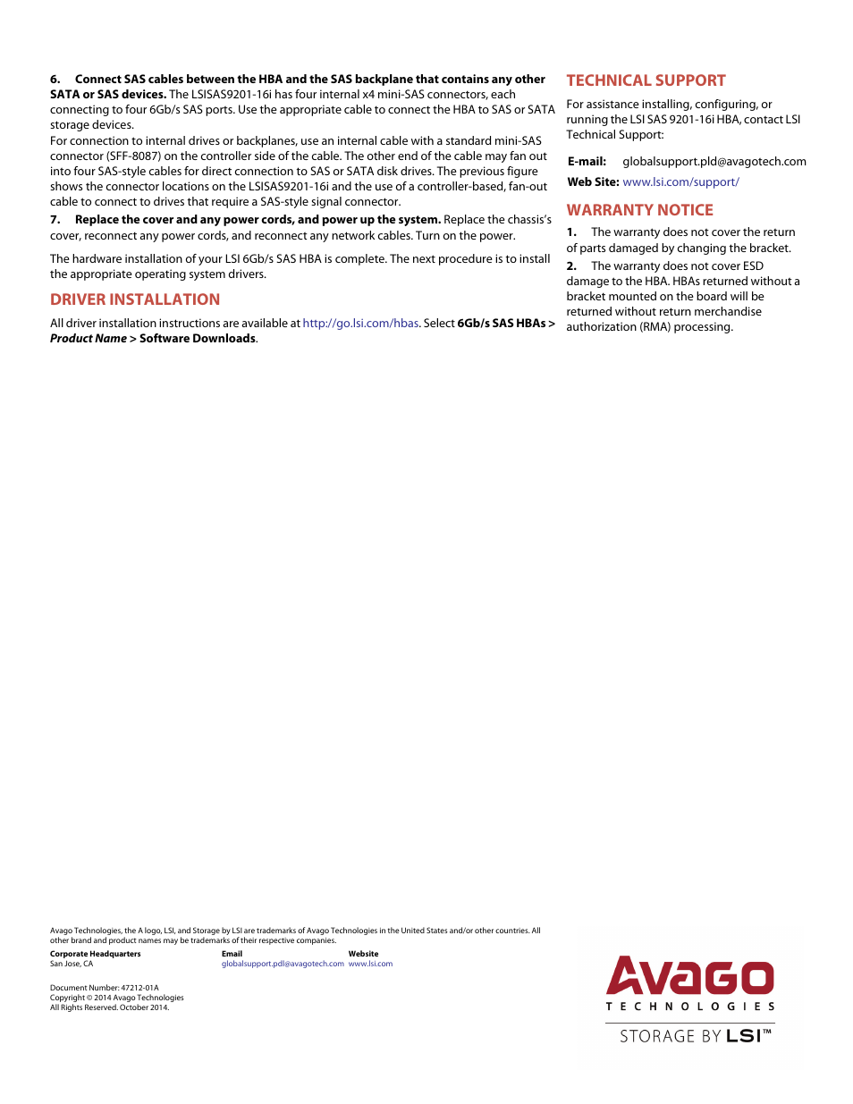 Driver installation, Technical support, Warranty notice | Avago Technologies SAS 9201-16i Host Bus Adapter User Manual | Page 2 / 2