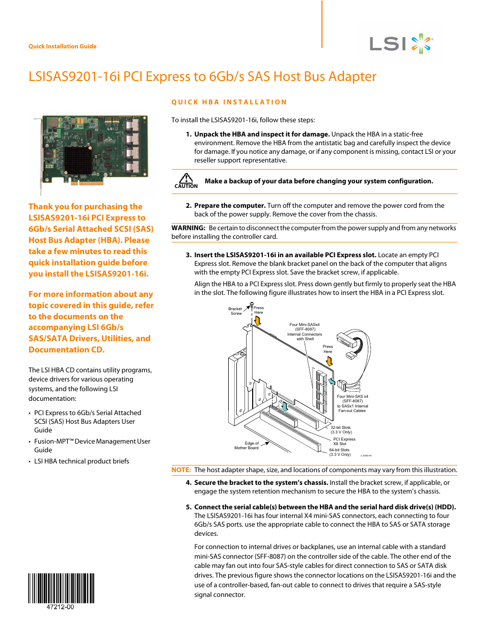 Avago Technologies SAS 9201-16i Host Bus Adapter User Manual | 2 pages