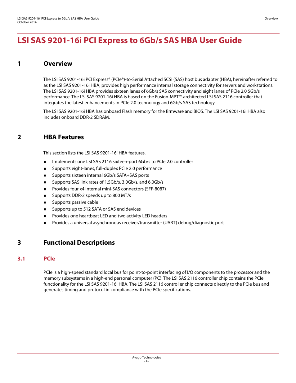 1 overview, 2 hba features, 3 functional descriptions | 1 pcie, 1overview, 2hba features, 3functional descriptions | Avago Technologies SAS 9201-16i Host Bus Adapter User Manual | Page 4 / 10