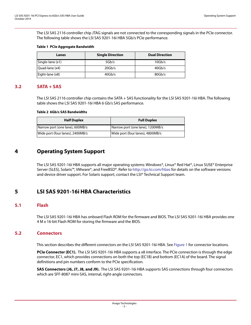 2 sata + sas, 4 operating system support, 5 lsi sas 9201-16i hba characteristics | 1 flash, 2 connectors, 1 flash 5.2 connectors, 4operating system support | Avago Technologies SAS 9201-16i Host Bus Adapter User Manual | Page 5 / 10