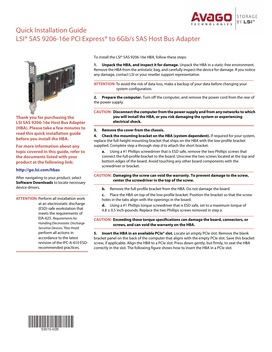 Avago Technologies SAS 9206-16e Host Bus Adapter User Manual | 2 pages