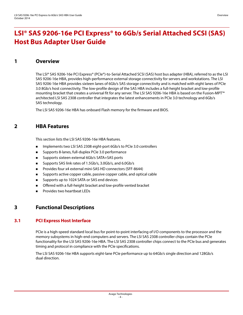 1 overview, 2 hba features, 3 functional descriptions | 1 pci express host interface, 1overview, 2hba features, 3functional descriptions | Avago Technologies SAS 9206-16e Host Bus Adapter User Manual | Page 4 / 10