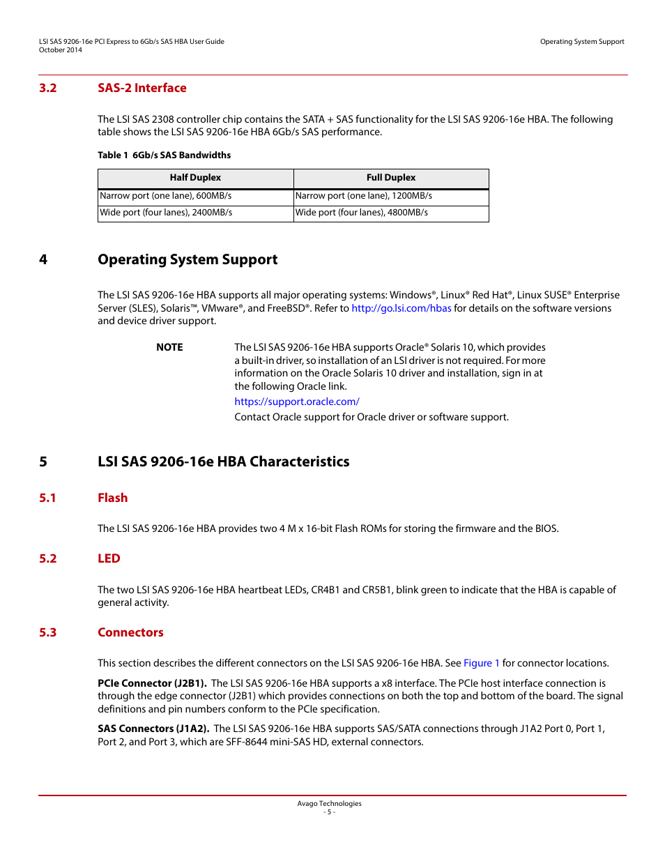 2 sas-2 interface, 4 operating system support, 5 lsi sas 9206-16e hba characteristics | 1 flash, 2 led, 3 connectors, 1 flash 5.2 led 5.3 connectors, 4operating system support | Avago Technologies SAS 9206-16e Host Bus Adapter User Manual | Page 5 / 10