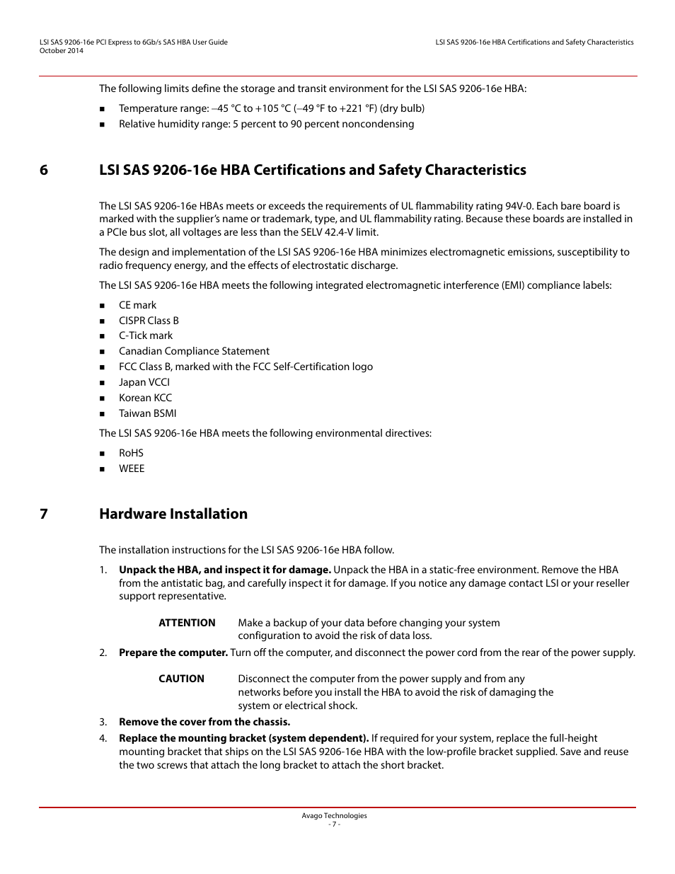 7 hardware installation, 7hardware installation | Avago Technologies SAS 9206-16e Host Bus Adapter User Manual | Page 7 / 10