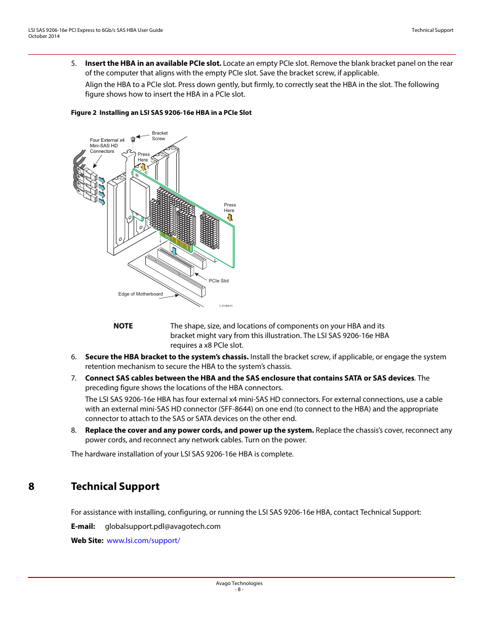 8 technical support, 8technical support | Avago Technologies SAS 9206-16e Host Bus Adapter User Manual | Page 8 / 10