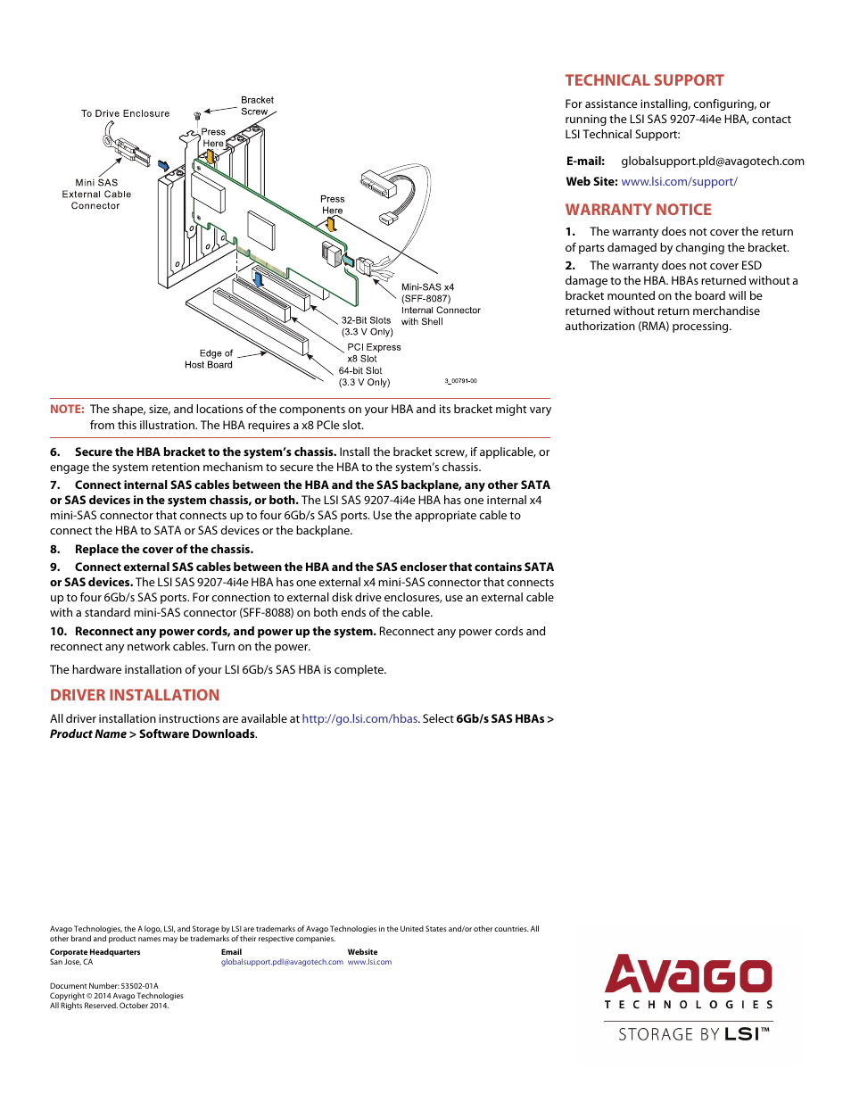 Driver installation, Technical support, Warranty notice | Avago Technologies SAS 9207-4i4e Host Bus Adapter User Manual | Page 2 / 2