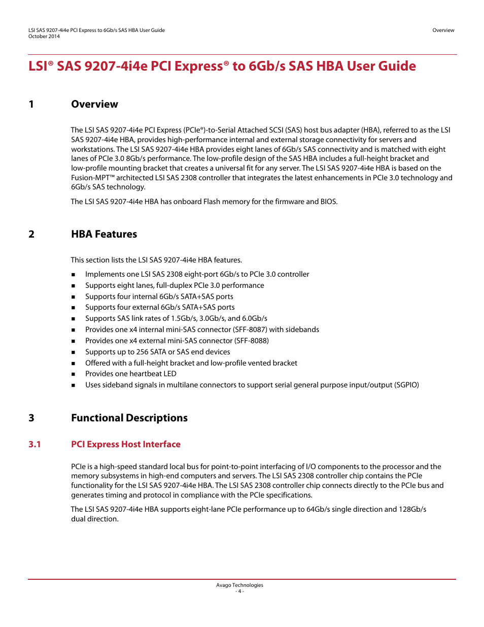 1 overview, 2 hba features, 3 functional descriptions | 1 pci express host interface, 1overview, 2hba features, 3functional descriptions | Avago Technologies SAS 9207-4i4e Host Bus Adapter User Manual | Page 4 / 10