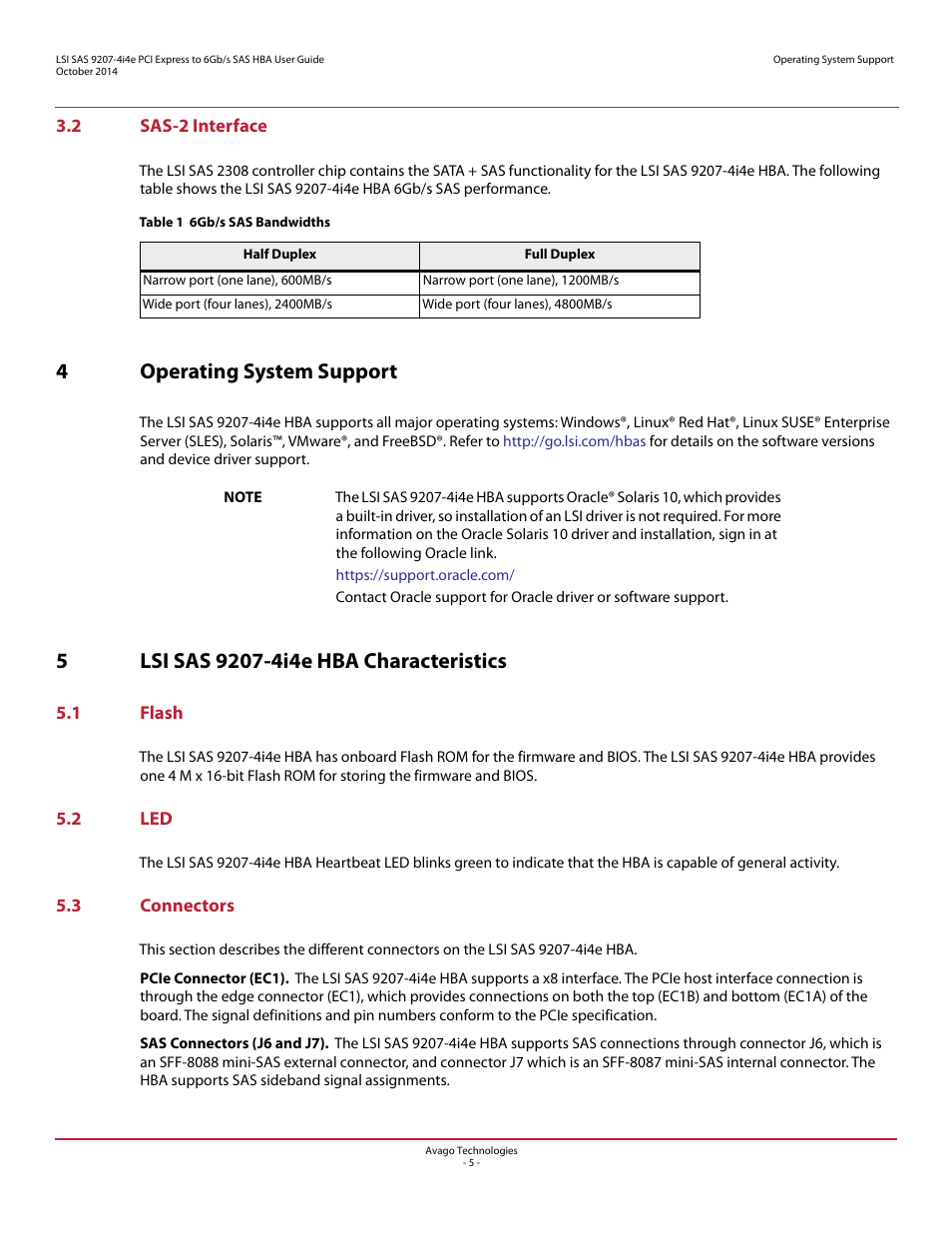 2 sas-2 interface, 4 operating system support, 5 lsi sas 9207-4i4e hba characteristics | 1 flash, 2 led, 3 connectors, 1 flash 5.2 led 5.3 connectors, 4operating system support | Avago Technologies SAS 9207-4i4e Host Bus Adapter User Manual | Page 5 / 10