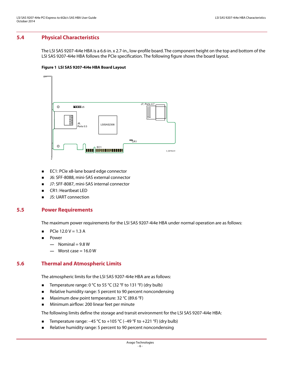 4 physical characteristics, 5 power requirements, 6 thermal and atmospheric limits | Avago Technologies SAS 9207-4i4e Host Bus Adapter User Manual | Page 6 / 10