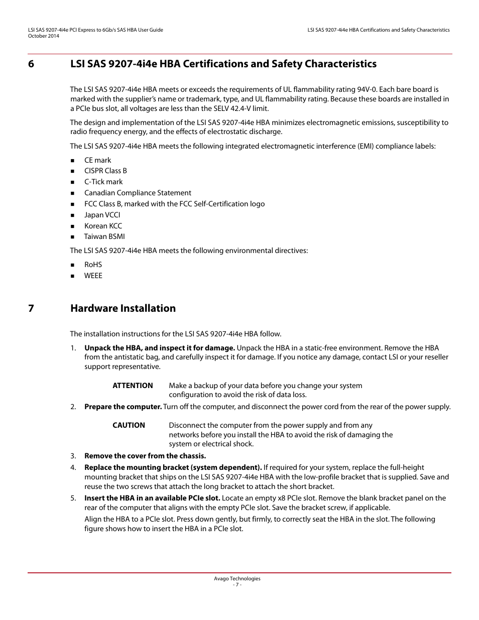 7 hardware installation, 7hardware installation | Avago Technologies SAS 9207-4i4e Host Bus Adapter User Manual | Page 7 / 10