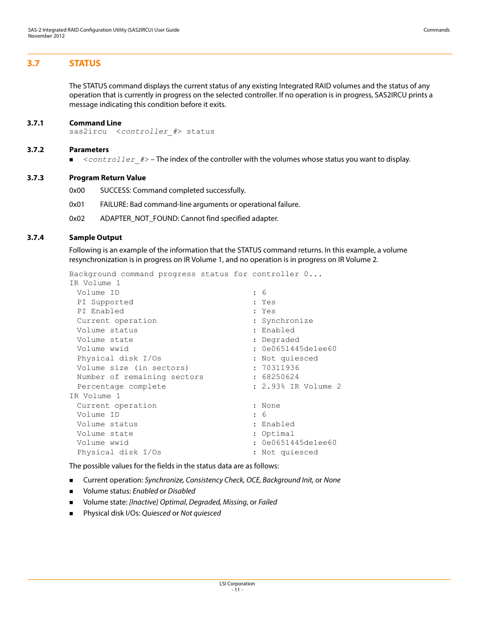 7 status, 1 command line, 2 parameters | 3 program return value, 4 sample output, Status | Avago Technologies SAS 9207-4i4e Host Bus Adapter User Manual | Page 11 / 16