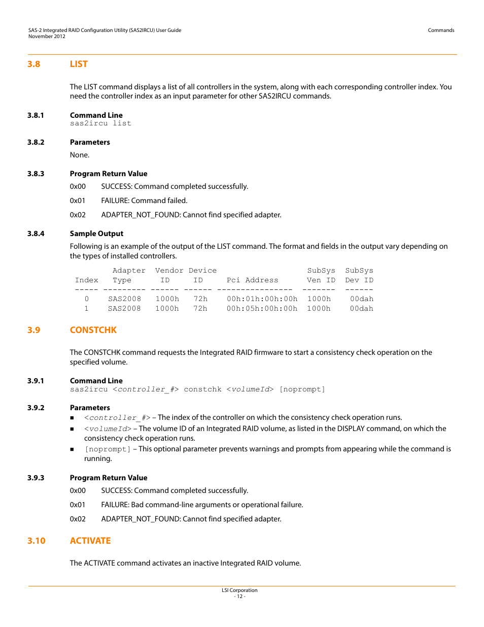 8 list, 1 command line, 2 parameters | 3 program return value, 4 sample output, 9 constchk, 10 activate, List, Constchk, Activate | Avago Technologies SAS 9207-4i4e Host Bus Adapter User Manual | Page 12 / 16