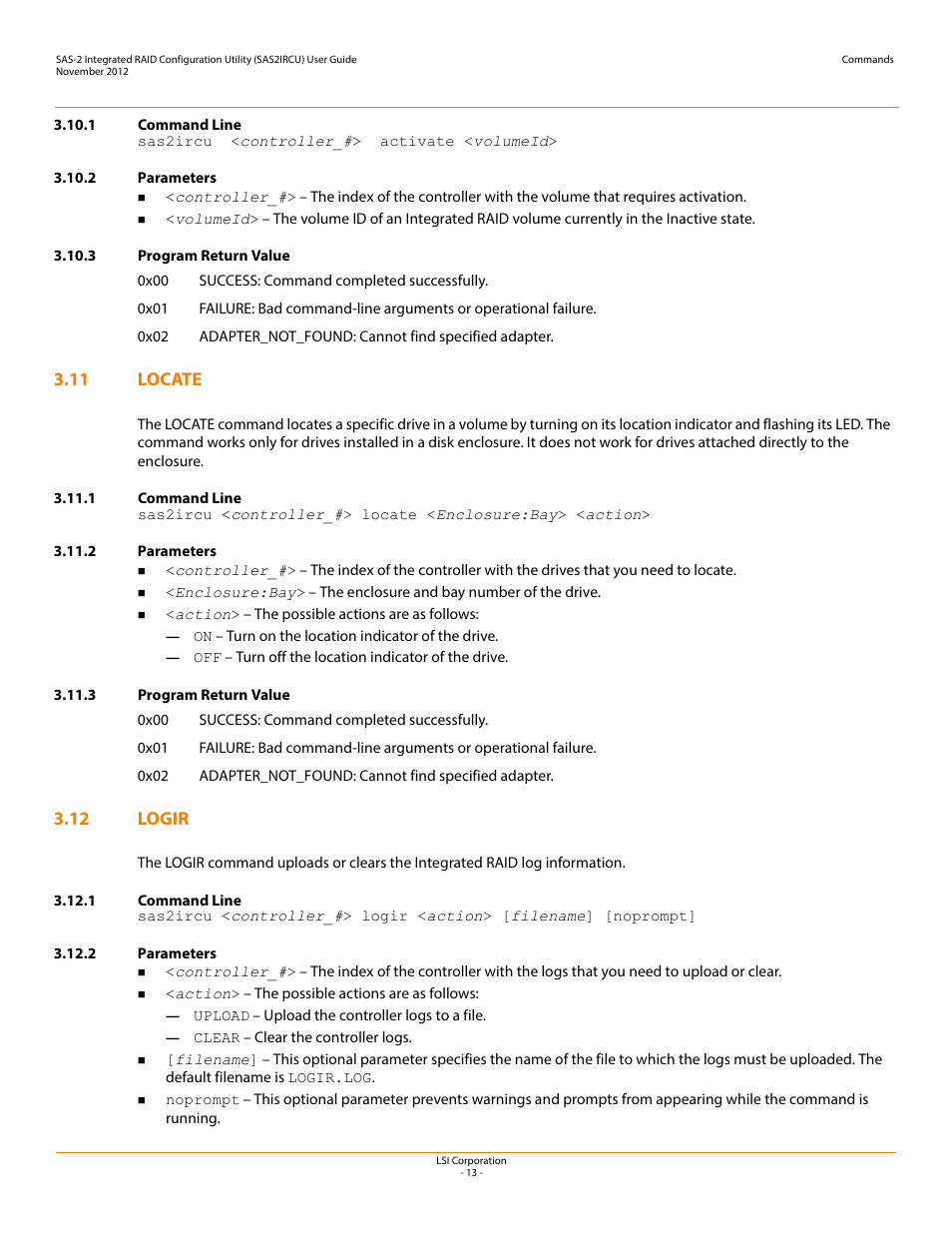 1 command line, 2 parameters, 3 program return value | 11 locate, 12 logir, Locate, Logir | Avago Technologies SAS 9207-4i4e Host Bus Adapter User Manual | Page 13 / 16