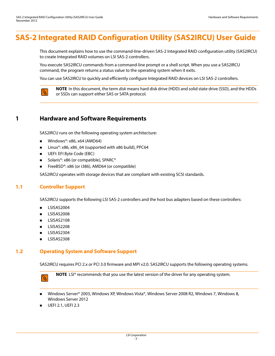 1 hardware and software requirements, 1 controller support, 2 operating system and software support | 1hardware and software requirements | Avago Technologies SAS 9207-4i4e Host Bus Adapter User Manual | Page 3 / 16