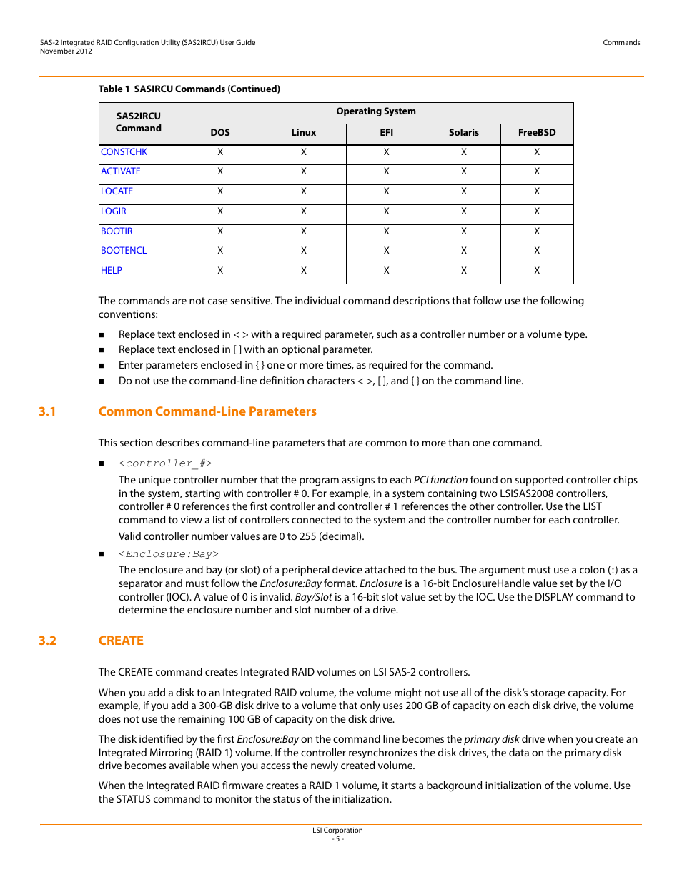 1 common command-line parameters, 2 create, Create | Avago Technologies SAS 9207-4i4e Host Bus Adapter User Manual | Page 5 / 16