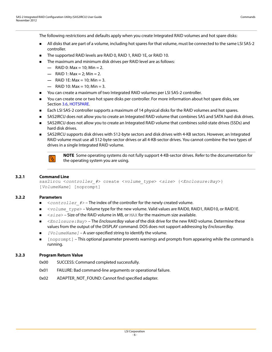 1 command line, 2 parameters, 3 program return value | Avago Technologies SAS 9207-4i4e Host Bus Adapter User Manual | Page 6 / 16