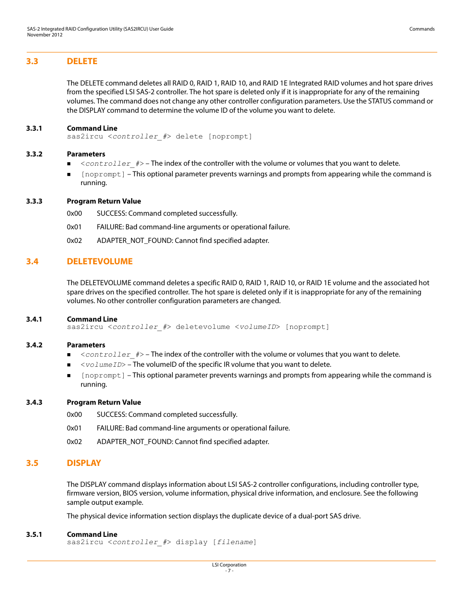 3 delete, 1 command line, 2 parameters | 3 program return value, 4 deletevolume, 5 display, Deletevolume, Delete, Display | Avago Technologies SAS 9207-4i4e Host Bus Adapter User Manual | Page 7 / 16