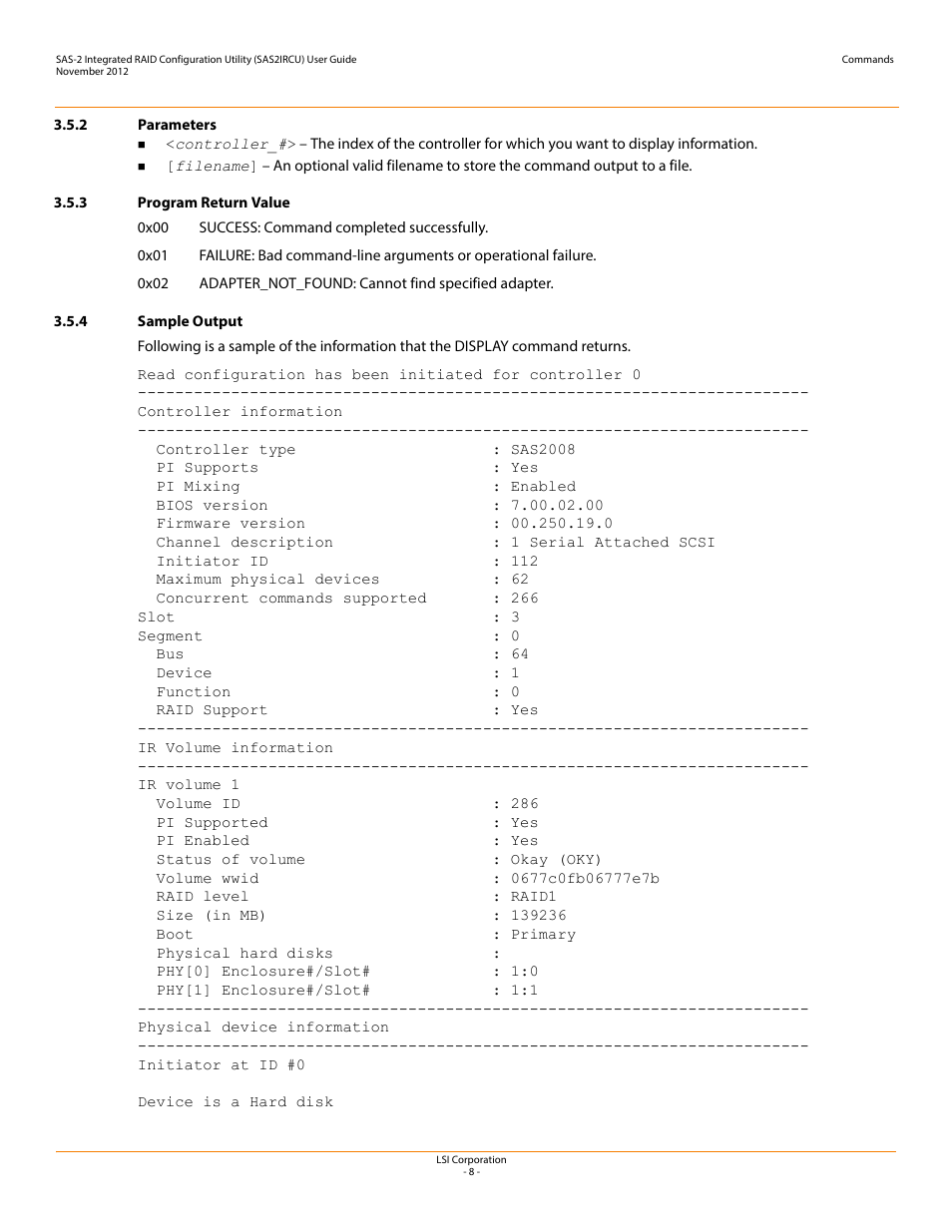 2 parameters, 3 program return value, 4 sample output | Avago Technologies SAS 9207-4i4e Host Bus Adapter User Manual | Page 8 / 16