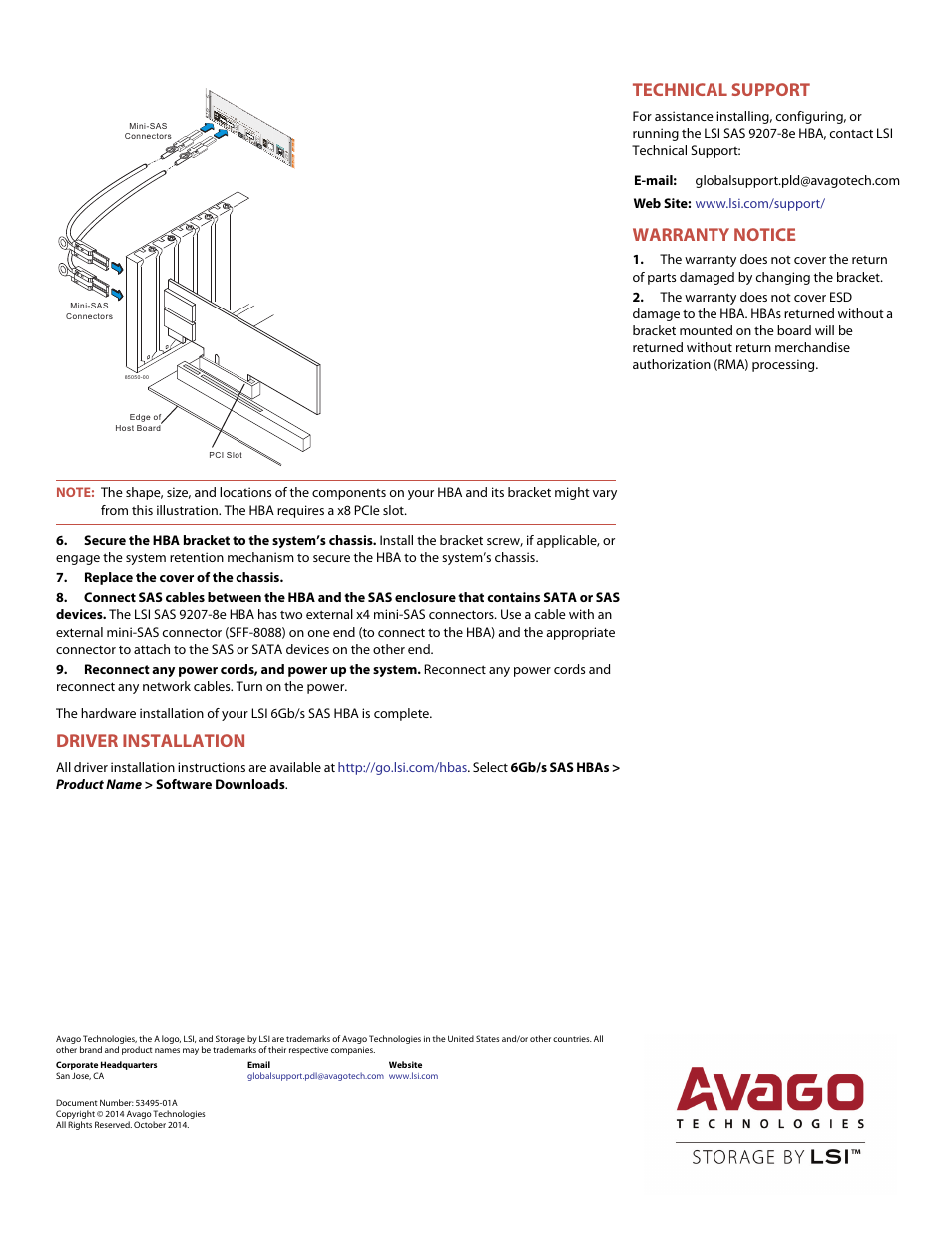 Driver installation, Technical support, Warranty notice | Avago Technologies SAS 9207-8e Host Bus Adapter User Manual | Page 2 / 2