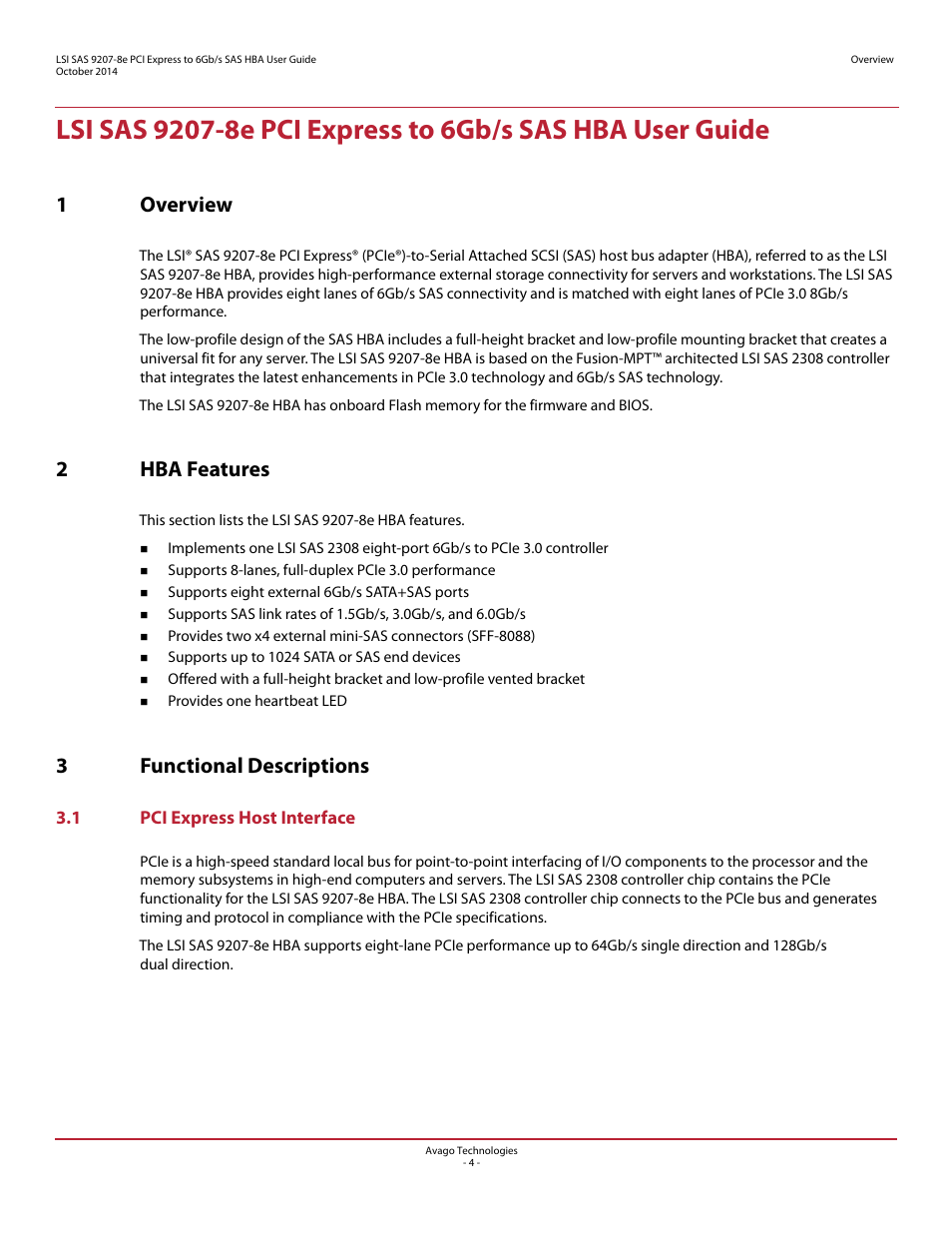 1 overview, 2 hba features, 3 functional descriptions | 1 pci express host interface, 1overview, 2hba features, 3functional descriptions | Avago Technologies SAS 9207-8e Host Bus Adapter User Manual | Page 4 / 10