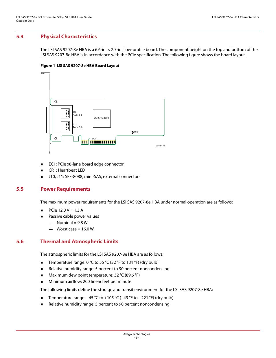 4 physical characteristics, 5 power requirements, 6 thermal and atmospheric limits | Avago Technologies SAS 9207-8e Host Bus Adapter User Manual | Page 6 / 10
