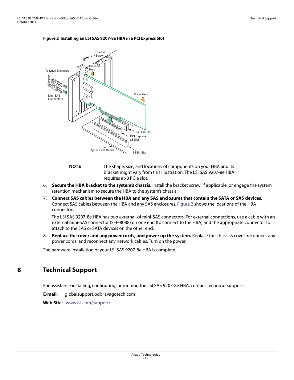 8 technical support, 8technical support | Avago Technologies SAS 9207-8e Host Bus Adapter User Manual | Page 8 / 10
