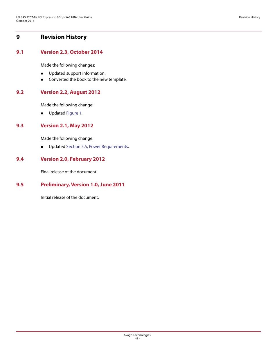 9 revision history, 1 version 2.3, october 2014, 2 version 2.2, august 2012 | 3 version 2.1, may 2012, 4 version 2.0, february 2012, 5 preliminary, version 1.0, june 2011, 9revision history | Avago Technologies SAS 9207-8e Host Bus Adapter User Manual | Page 9 / 10