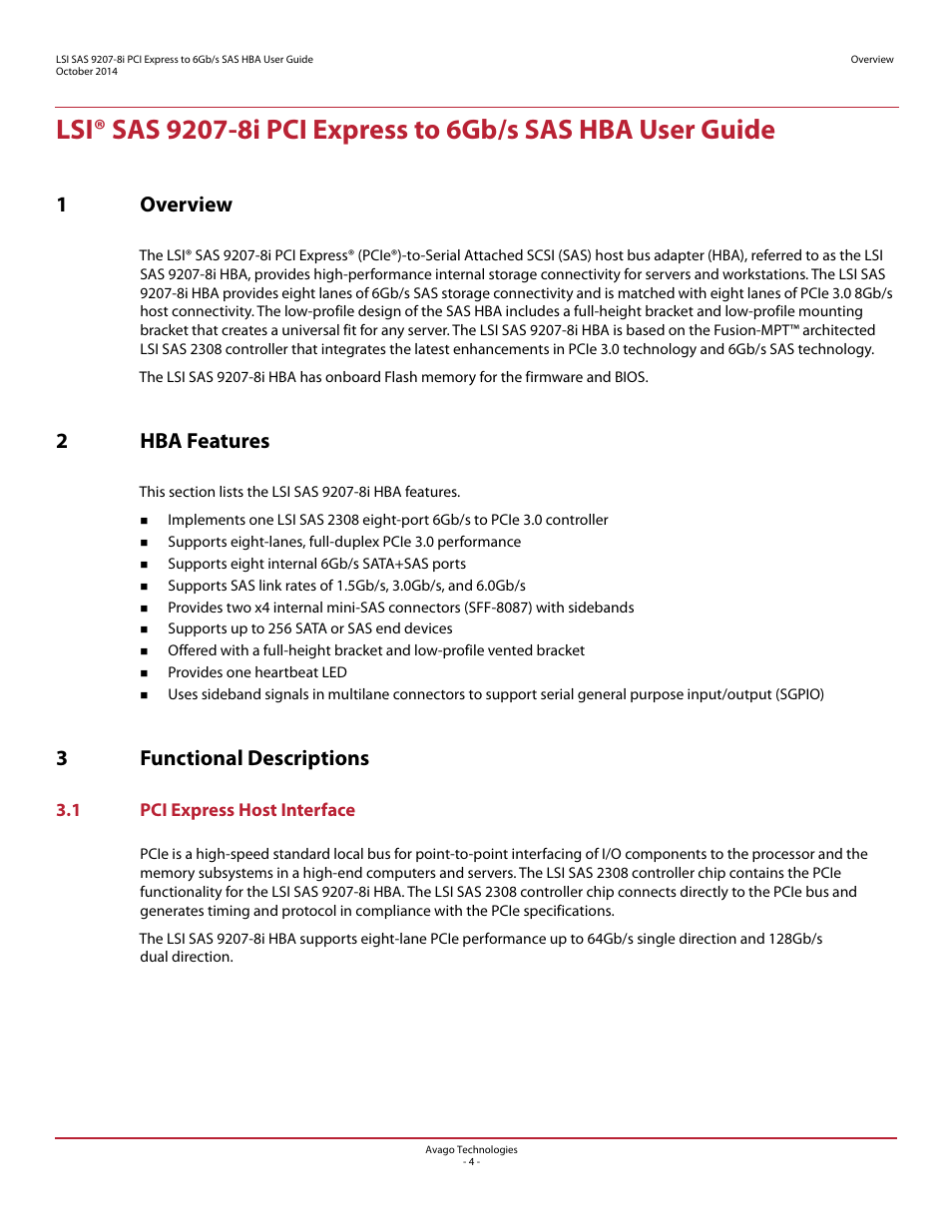 1 overview, 2 hba features, 3 functional descriptions | 1 pci express host interface, 1overview, 2hba features, 3functional descriptions | Avago Technologies SAS 9207-8i Host Bus Adapter User Manual | Page 4 / 10