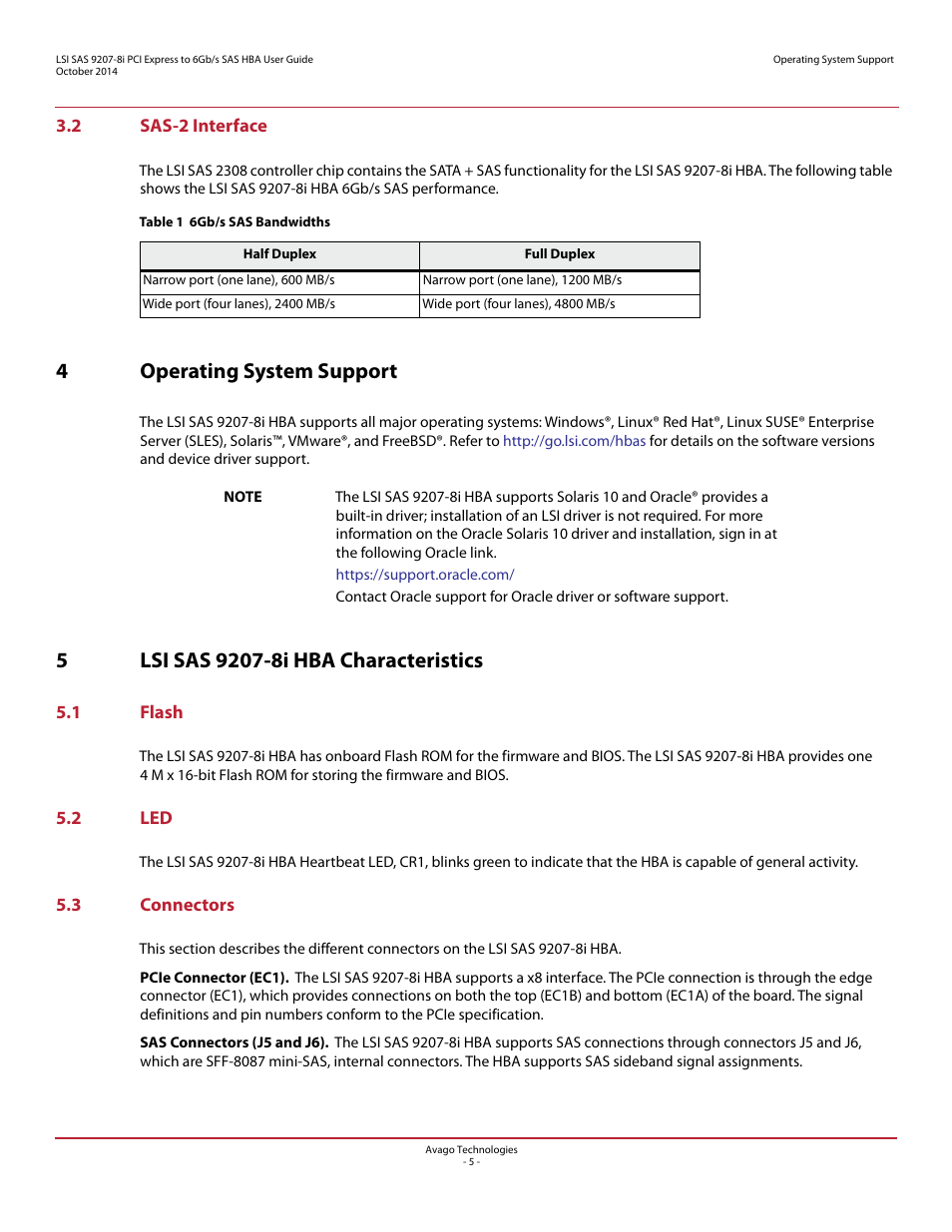 2 sas-2 interface, 4 operating system support, 5 lsi sas 9207-8i hba characteristics | 1 flash, 2 led, 3 connectors, 1 flash 5.2 led 5.3 connectors, 4operating system support | Avago Technologies SAS 9207-8i Host Bus Adapter User Manual | Page 5 / 10