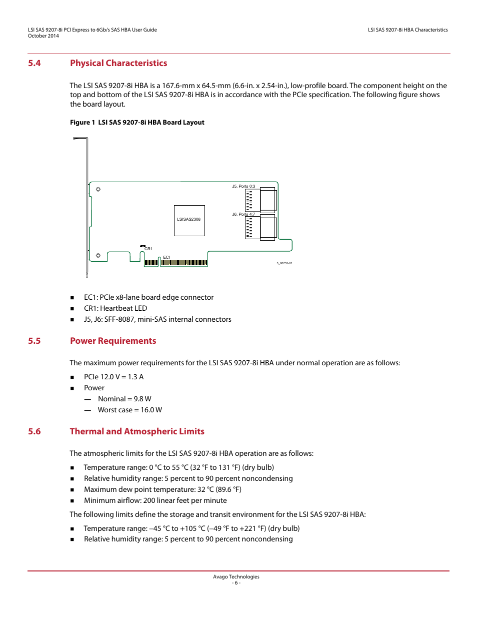 4 physical characteristics, 5 power requirements, 6 thermal and atmospheric limits | Avago Technologies SAS 9207-8i Host Bus Adapter User Manual | Page 6 / 10