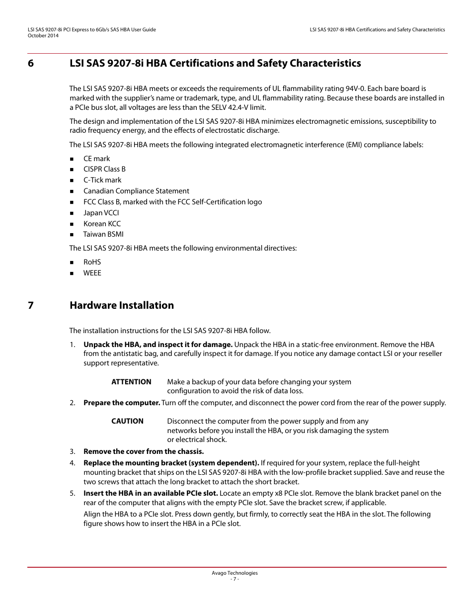 7 hardware installation, 7hardware installation | Avago Technologies SAS 9207-8i Host Bus Adapter User Manual | Page 7 / 10