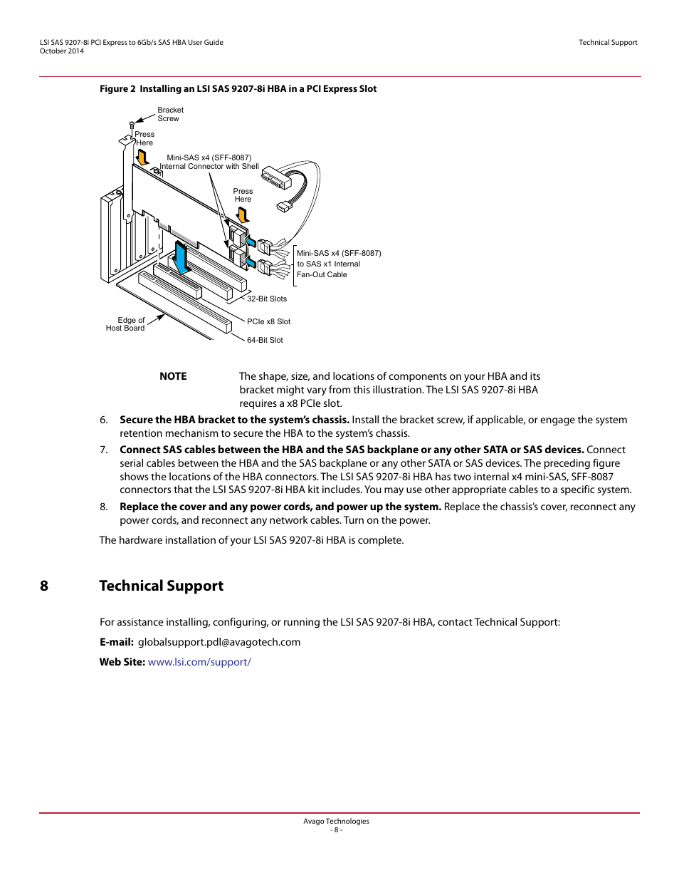 8 technical support, 8technical support | Avago Technologies SAS 9207-8i Host Bus Adapter User Manual | Page 8 / 10