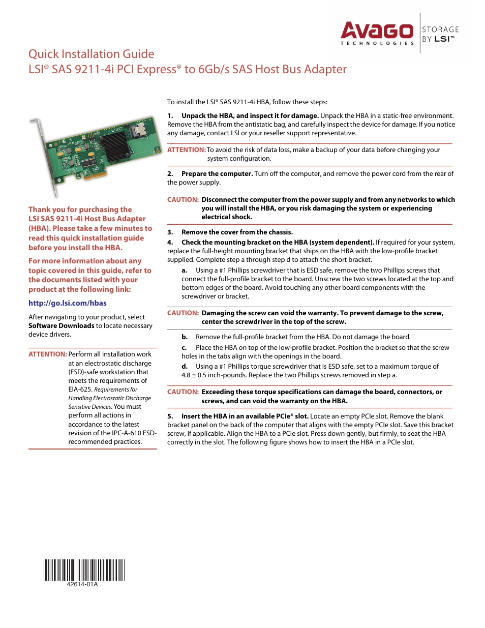 Avago Technologies SAS 9211-4i Host Bus Adapter User Manual | 2 pages