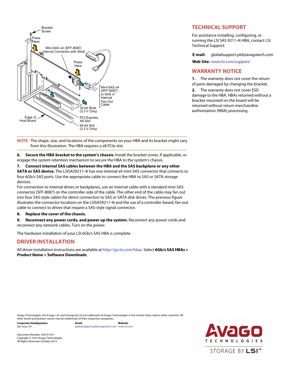 Driver installation, Technical support, Warranty notice | Avago Technologies SAS 9211-4i Host Bus Adapter User Manual | Page 2 / 2