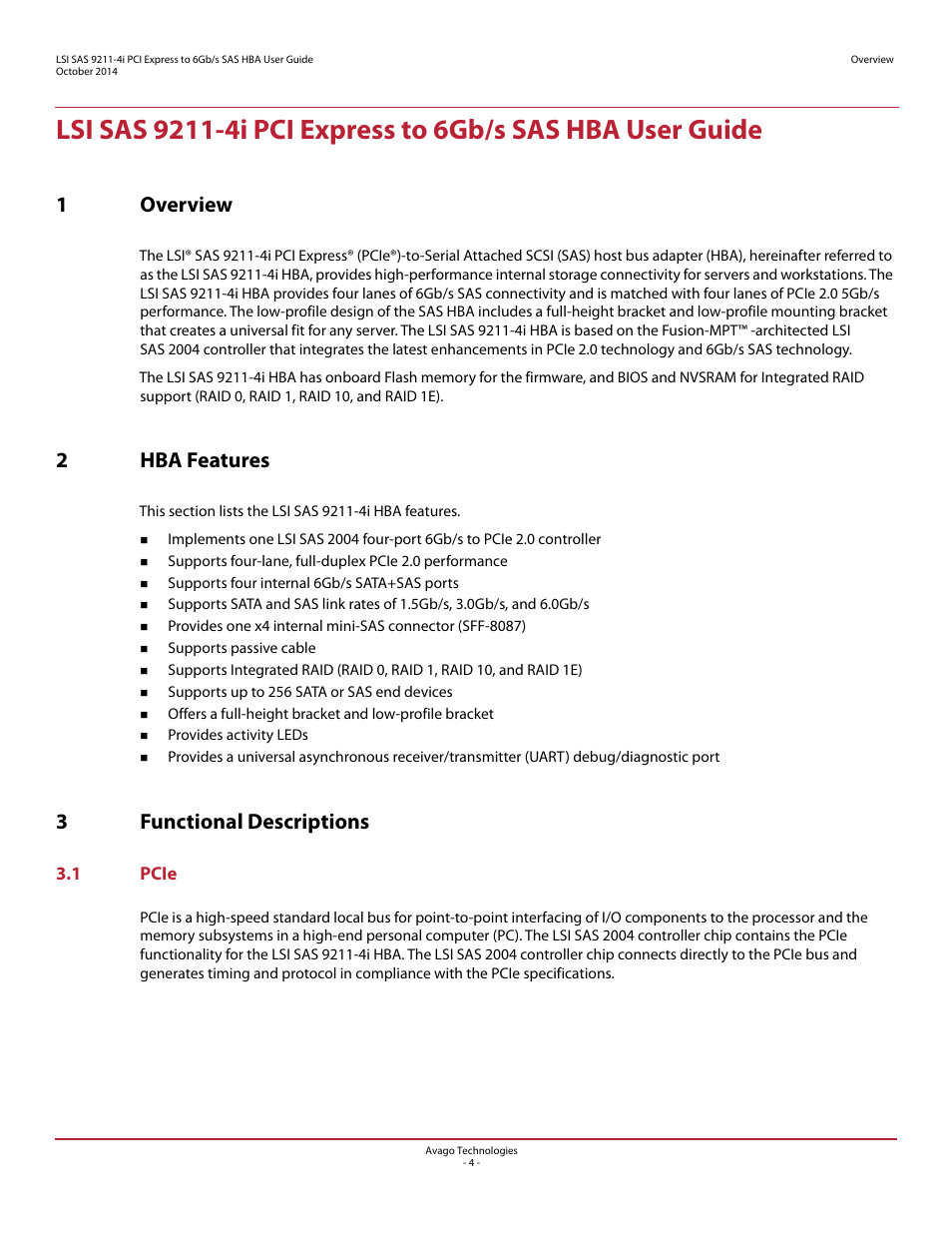 1 overview, 2 hba features, 3 functional descriptions | 1 pcie, 1overview, 2hba features, 3functional descriptions | Avago Technologies SAS 9211-4i Host Bus Adapter User Manual | Page 4 / 10