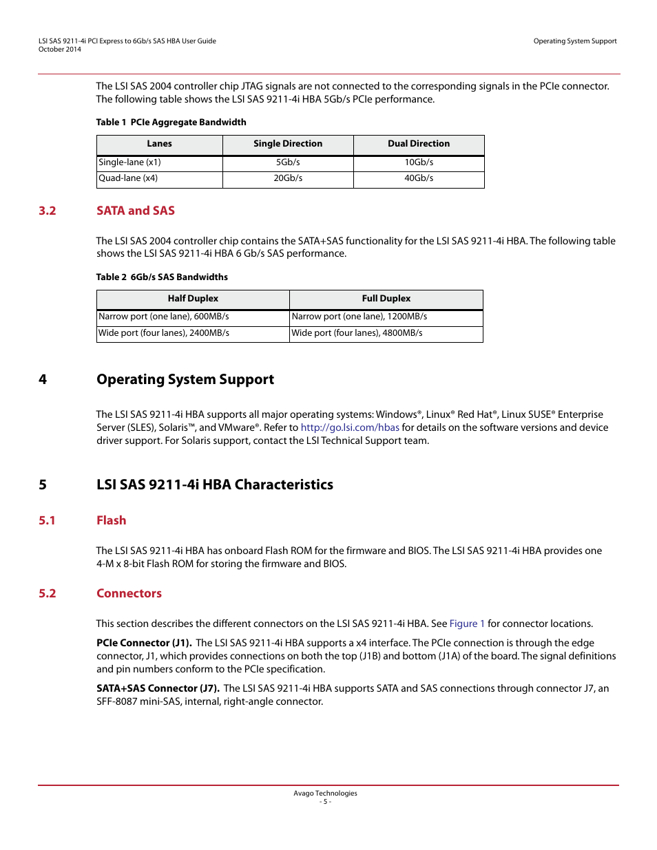 2 sata and sas, 4 operating system support, 5 lsi sas 9211-4i hba characteristics | 1 flash, 2 connectors, 1 flash 5.2 connectors, 4operating system support | Avago Technologies SAS 9211-4i Host Bus Adapter User Manual | Page 5 / 10