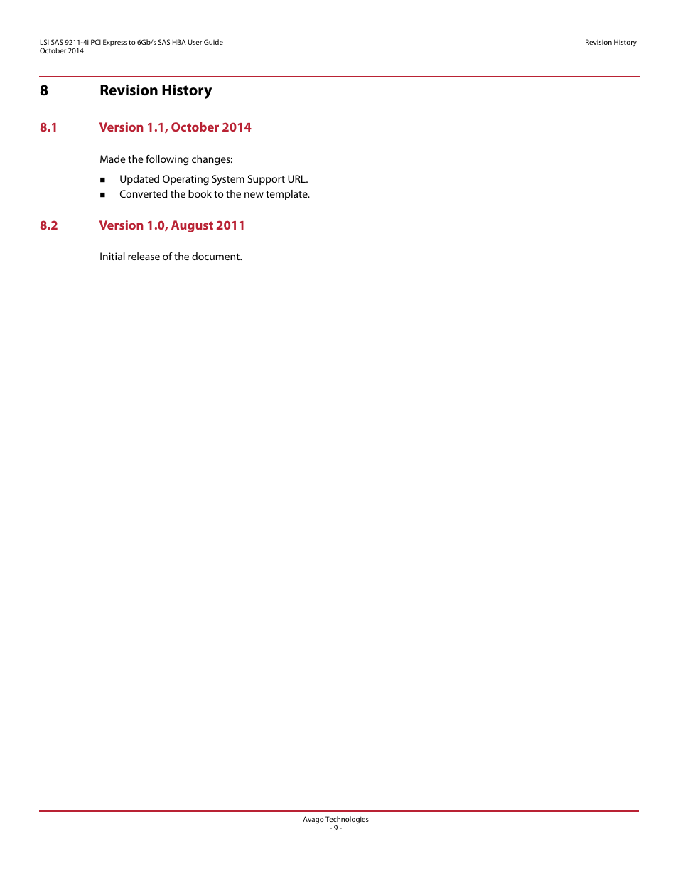 8 revision history, 1 version 1.1, october 2014, 2 version 1.0, august 2011 | 8revision history | Avago Technologies SAS 9211-4i Host Bus Adapter User Manual | Page 9 / 10