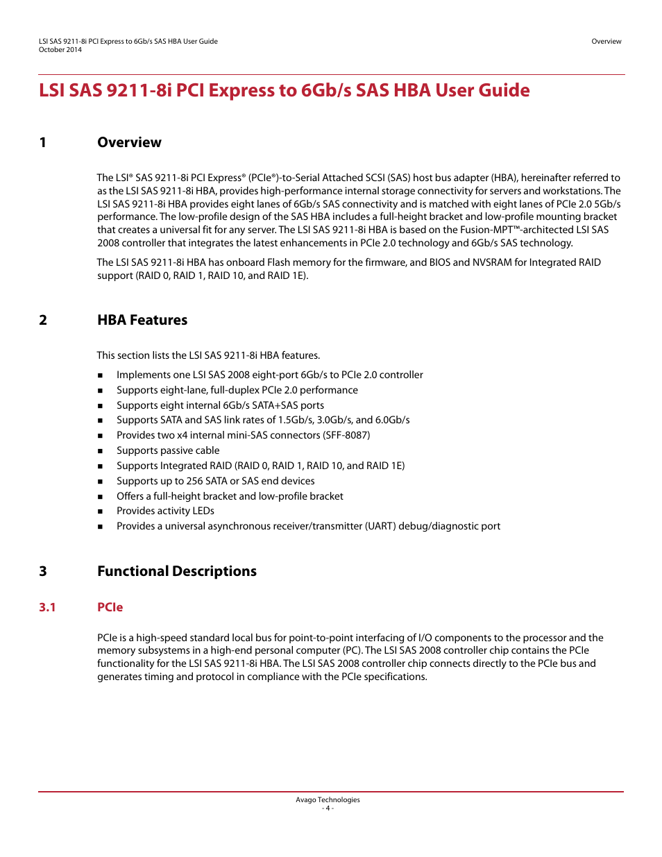 1 overview, 2 hba features, 3 functional descriptions | 1 pcie, 1overview, 2hba features, 3functional descriptions | Avago Technologies SAS 9211-8i Host Bus Adapter User Manual | Page 4 / 10